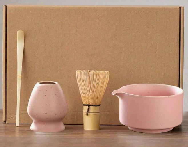 Ceramic Matcha Tea Set: 4-Piece Kit with Bowl, Bamboo Whisk, Scoop & Holder