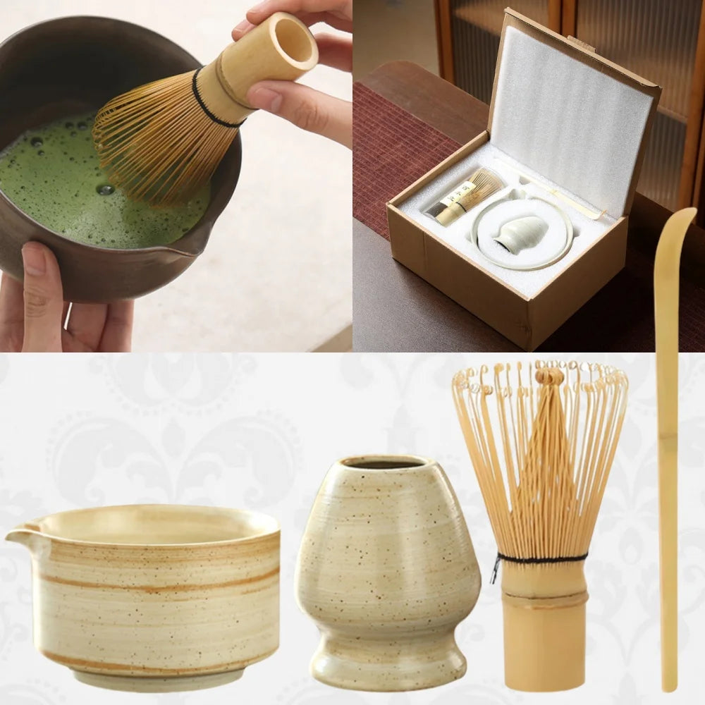 Ceramic Matcha Tea Set: 4-Piece Kit with Bowl, Bamboo Whisk, Scoop & Holder