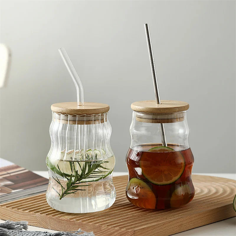 wavy glass cup with lid and straw drinkware mug